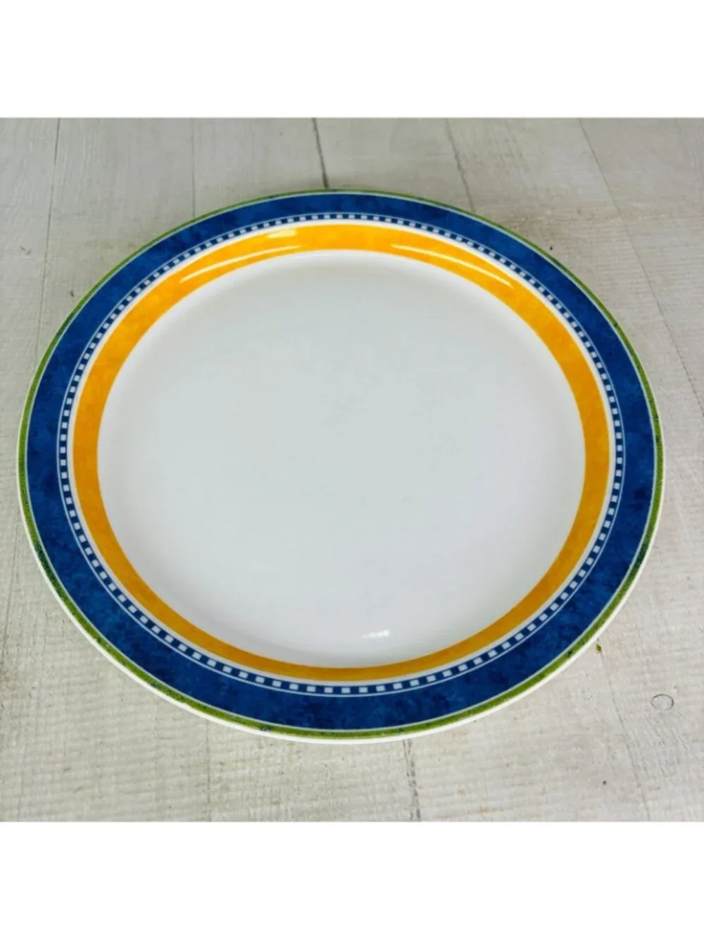 Dansk Bistro KOBENHAVN Blue Yellow Band Smooth Green Trim Dinner Plates Set of 4
